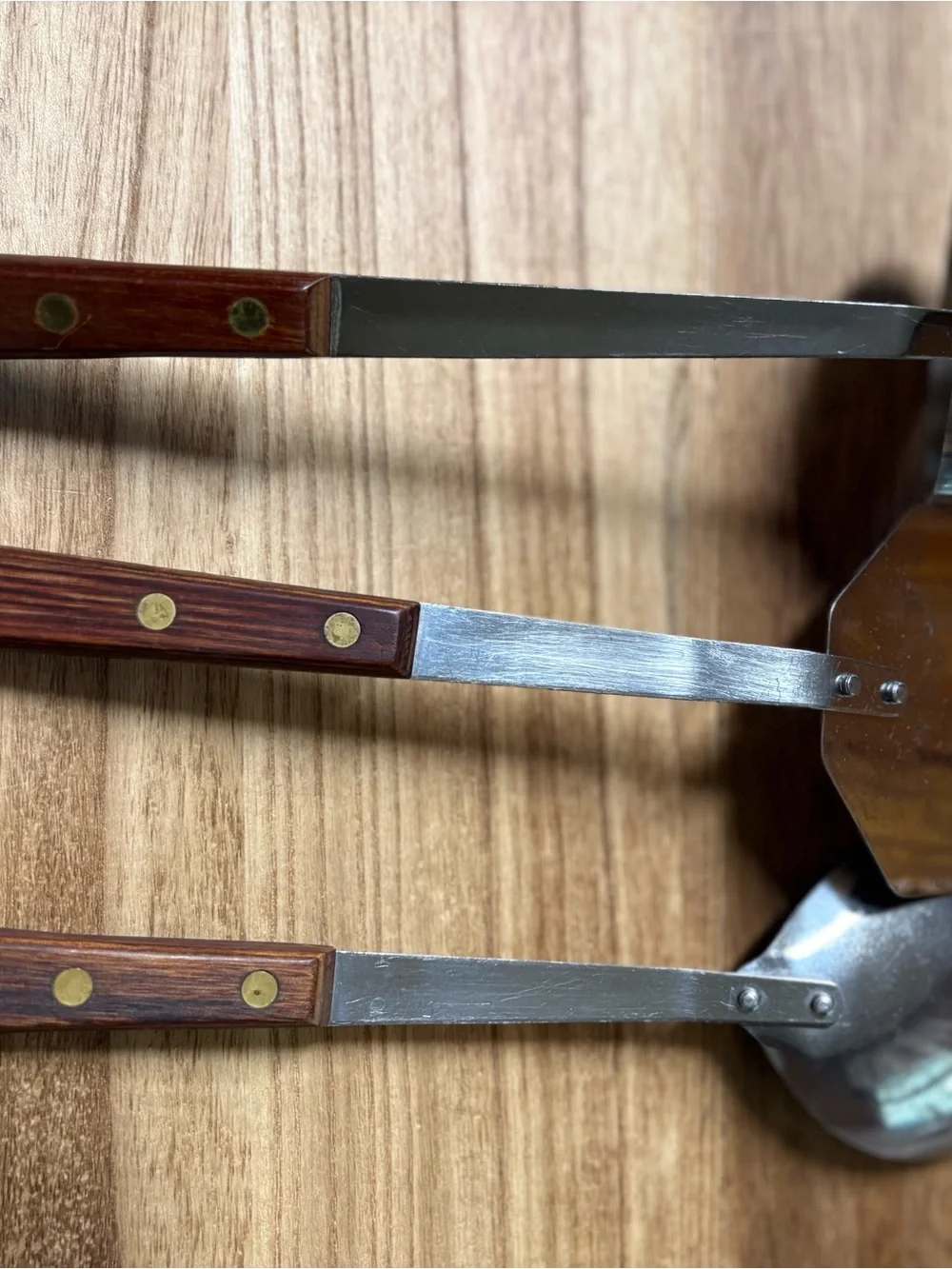 Stainless Steel Cooking Spoon, Ladle & Turner Set with Brown Wood Handles